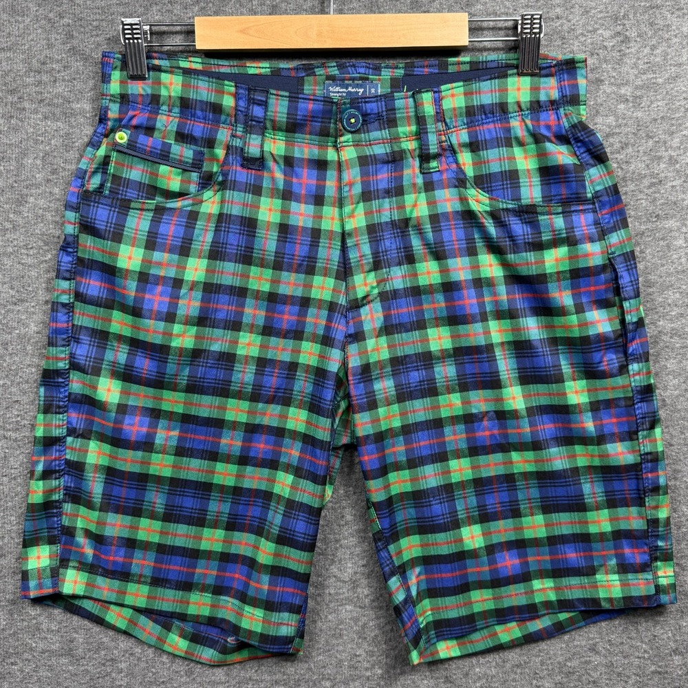 William Murray Shorts Mens 30 Green Blue Tartan Plaid Straight Fit Performance